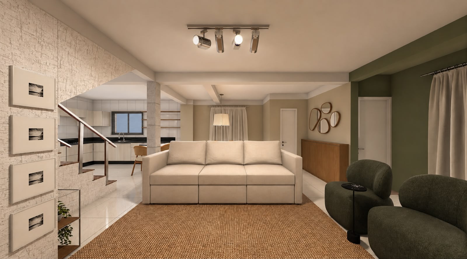 Sala planejada com sofá claro, poltronas verdes e tapete